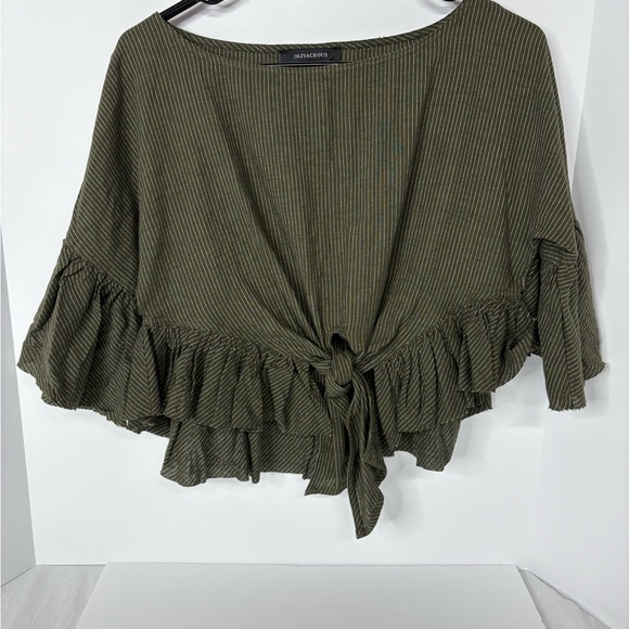Olivaceous Tops - Olivaceous Green Ruffle Peplum Tie-Front Blouse